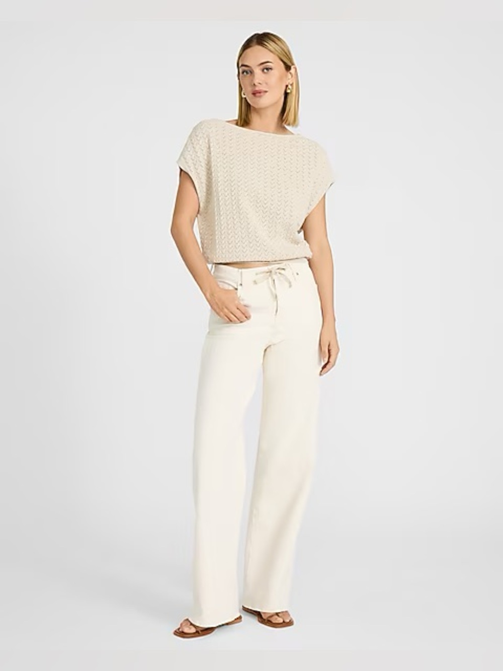 NWT Express Cotton Textured Open Stitch Boatneck Sweater Vest Ivory Size M